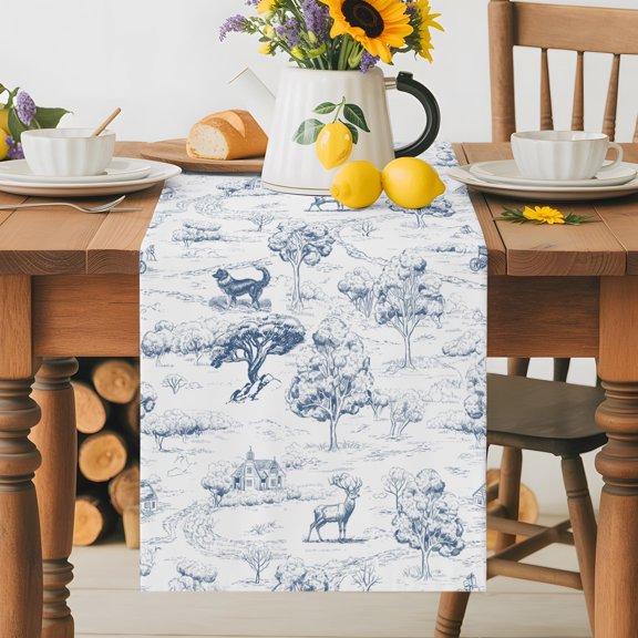 Burlap Table Runner 36 Inches Long, Farmhouse Forest Elk Illustration Non-Slip Kitchen Table Runners for Dining Room Everyday Use Party Table Decorations Pastoral Vintage Farm Animal