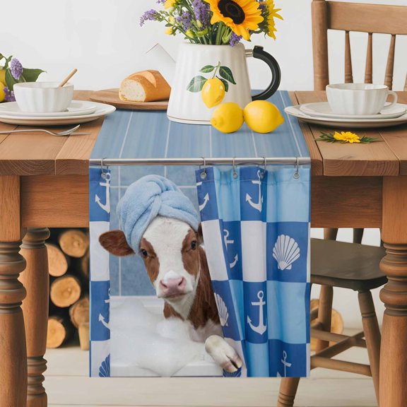 Burlap Table Runner 36 Inches Long, Farmhouse Funny Cow Non-Slip Kitchen Table Runners for Dining Room Everyday Use Party Table Decorations Blue Check Ocean Shell Anchor