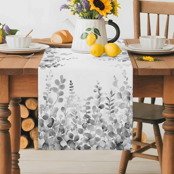 Burlap Table Runner 36 Inches Long,Farmhouse Gray Eucalyptus Leaves on White Non-Slip Kitchen Table Runners for Dining Room Everyday Use Party Table Decorations Summer Plant