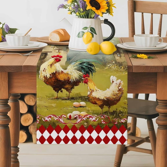 Burlap Table Runner 36 Inches Long,Farmhouse Hens Rooster Floral Non-Slip Kitchen Table Runners for Dining Room Everyday Use Party Table Decorations Vintage Animal Red Lattice