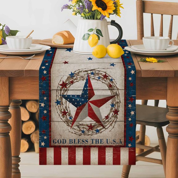 Burlap Table Runner 36 Inches Long, Farmhouse Rural Star Vine Wreath Non-Slip Kitchen Table Runners for Dining Room Everyday Use Party Table Decorations Rustic Shabby Wooden Grain