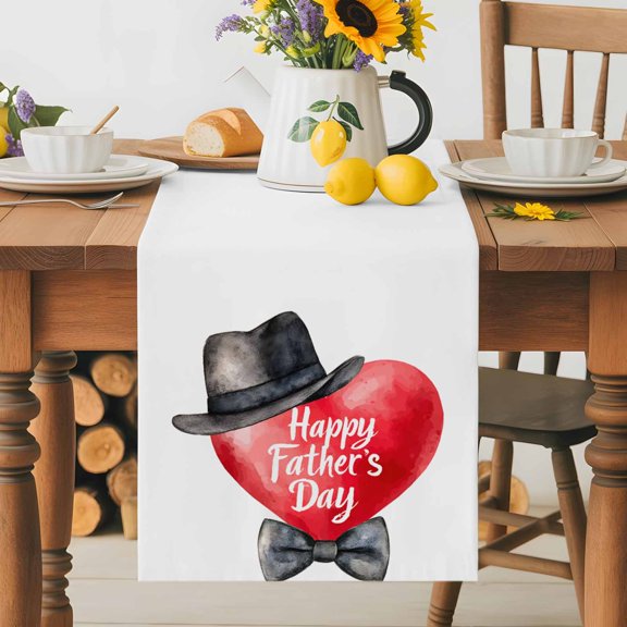 Burlap Table Runner 36 Inches Long, Father's Day Red Heart Non-Slip Kitchen Table Runners for Dining Room Everyday Use Party Table Decorations Dad Hat Bow Love