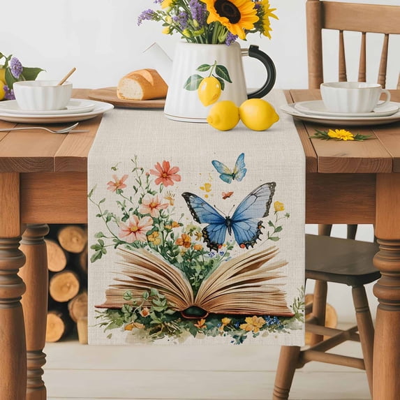Burlap Table Runner 36 Inches Long,Flower Butterfly Book on Vintage Linen Non-Slip Kitchen Table Runners for Dining Room Everyday Use Party Table Decorations Spring Botanical