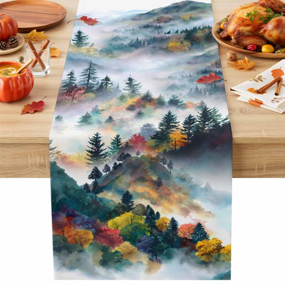 Burlap Table Runner 36 Inches Long, Foggy Mountain Tree Plant Non-Slip Kitchen Table Runners for Dining Room Everyday Use Party Table Decorations Natural Forest Landscape Theme