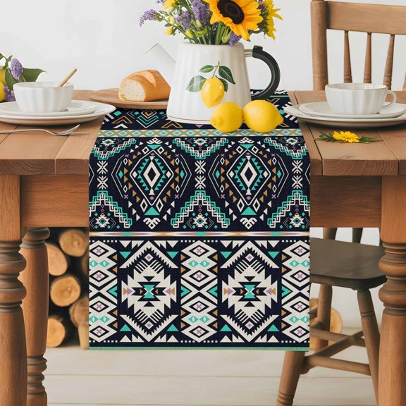Burlap Table Runner 36 Inches Long,Folk Tribal Ethnic Aztec Art Non-Slip Kitchen Table Runners for Dining Room Everyday Use Party Table Decorations Abstract Pattern Artwork