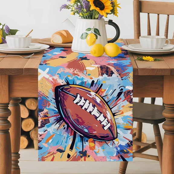 Burlap Table Runner 36 Inches Long, Football Abstract Graffiti Style Non-Slip Kitchen Table Runners for Dining Room Everyday Use Party Table Decorations Rugby Color Block Stripe Watercolor Art