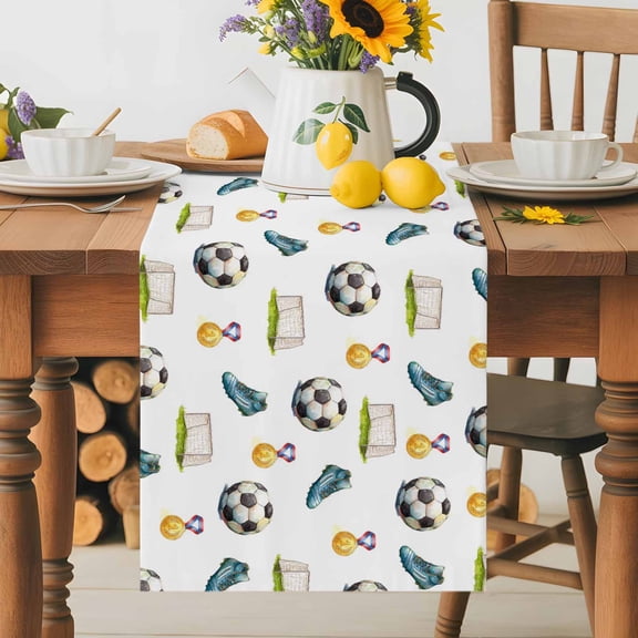Burlap Table Runner 36 Inches Long, Football Medal Training Day Non-Slip Kitchen Table Runners for Dining Room Everyday Use Party Table Decorations Soccer Equipment Icons