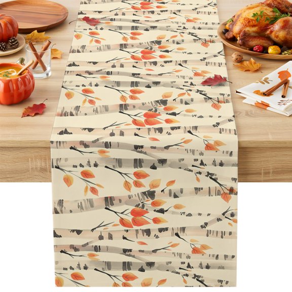 Burlap Table Runner 36 Inches Long, Forest Autumn Birch Trees Non-Slip Kitchen Table Runners for Dining Room Everyday Use Party Table Decorations Watercolor Orange Leaves Yellow