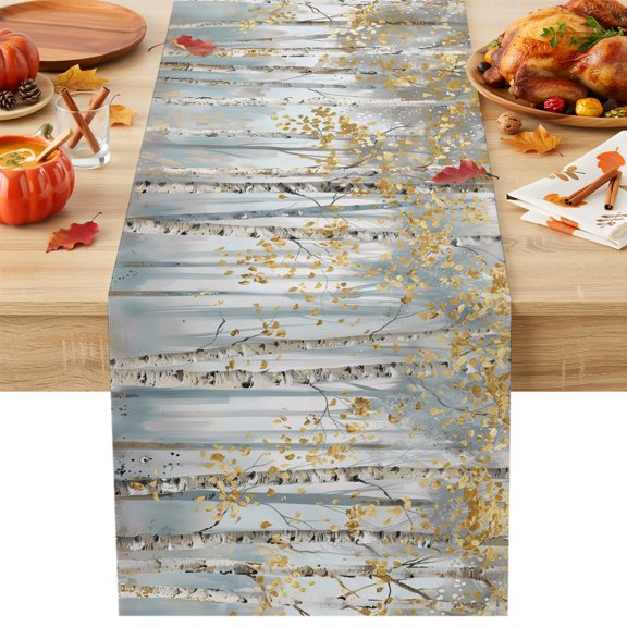 Burlap Table Runner 36 Inches Long, Forest Yellow Leaf Gray Tree Non-Slip Kitchen Table Runners for Dining Room Everyday Use Party Table Decorations Fall Botanical Trees