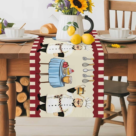 Burlap Table Runner 36 Inches Long, Fun Chef Cutlery Gourmet Non-Slip Kitchen Table Runners for Dining Room Everyday Use Party Table Decorations Red Stripe