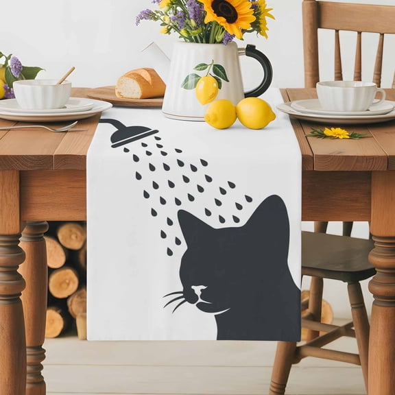 Burlap Table Runner 36 Inches Long,Funny Cat Non-Slip Kitchen Table Runners for Dining Room Everyday Use Party Table Decorations Cartoon Grey White Animal Shadow