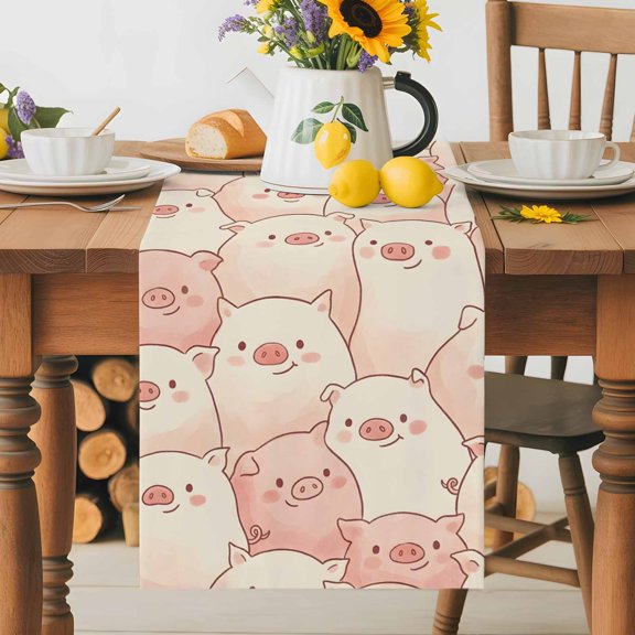 Burlap Table Runner 36 Inches Long, Funny Cute Pink Pig Non-Slip Kitchen Table Runners for Dining Room Everyday Use Party Table Decorations Cartoon Animals Sketch