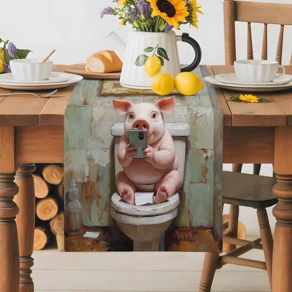 Burlap Table Runner 36 Inches Long,Funny Pig Sitting on Toilet Bathroom Non-Slip Kitchen Table Runners for Dining Room Everyday Use Party Table Decorations Animals Play Phones