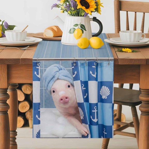 Burlap Table Runner 36 Inches Long, Funny Pink Pigs Bathing Nautical Shell Non-Slip Kitchen Table Runners for Dining Room Everyday Use Party Table Decorations Blue Plaid Lattice