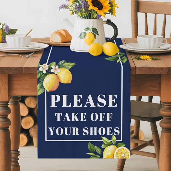 Burlap Table Runner 36 Inches Long, Funny Quotes Please Take off Your Shoes Non-Slip Kitchen Table Runners for Dining Room Everyday Use Party Table Decorations Lemon on Dark Blue