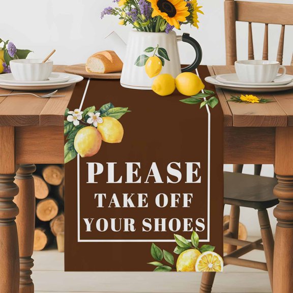 Burlap Table Runner 36 Inches Long, Funny Quotes Please Take off Your Shoes Non-Slip Kitchen Table Runners for Dining Room Everyday Use Party Table Decorations Lemon on Brown