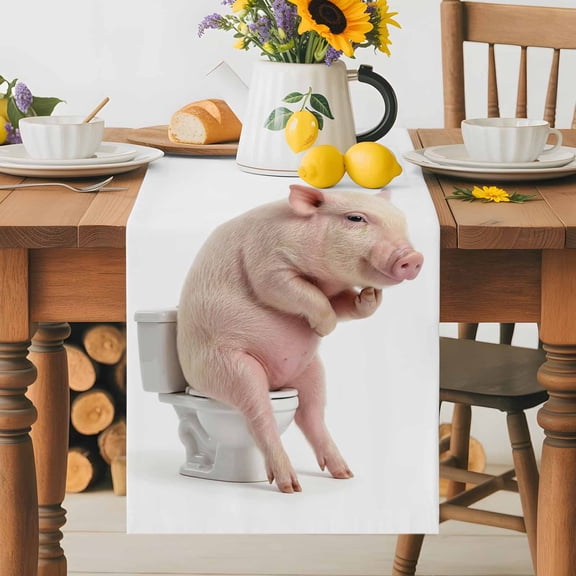 Burlap Table Runner 36 Inches Long, Funny Thinking Pigs Toilets Non-Slip Kitchen Table Runners for Dining Room Everyday Use Party Table Decorations Abstract Art Animals