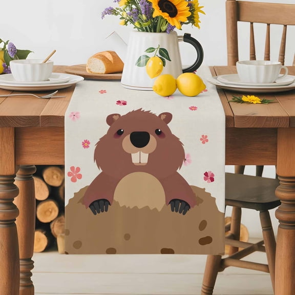 Burlap Table Runner 36 Inches Long,GROUNDHOG DAY Words Non-Slip Kitchen Table Runners for Dining Room Everyday Use Party Table Decorations Cute Marmot Flowers