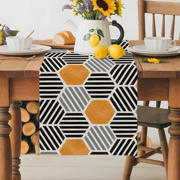 Burlap Table Runner 36 Inches Long, Geometric Orange Black Hexagon Non-Slip Kitchen Table Runners for Dining Room Everyday Use Party Table Decorations Modern Abstract Stripe Art