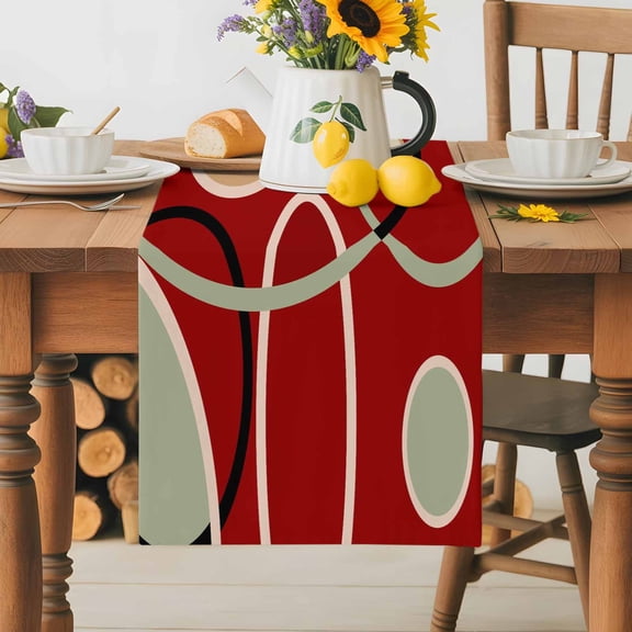 Burlap Table Runner 36 Inches Long,Geometric Stripe Circle Non-Slip Kitchen Table Runners for Dining Room Everyday Use Party Table Decorations Red Abstract Art