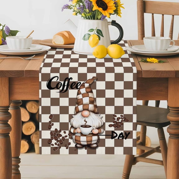 Burlap Table Runner 36 Inches Long,Gnome Coffee Beans Non-Slip Kitchen Table Runners for Dining Room Everyday Use Party Table Decorations Classic Brown Buffalo Plaid