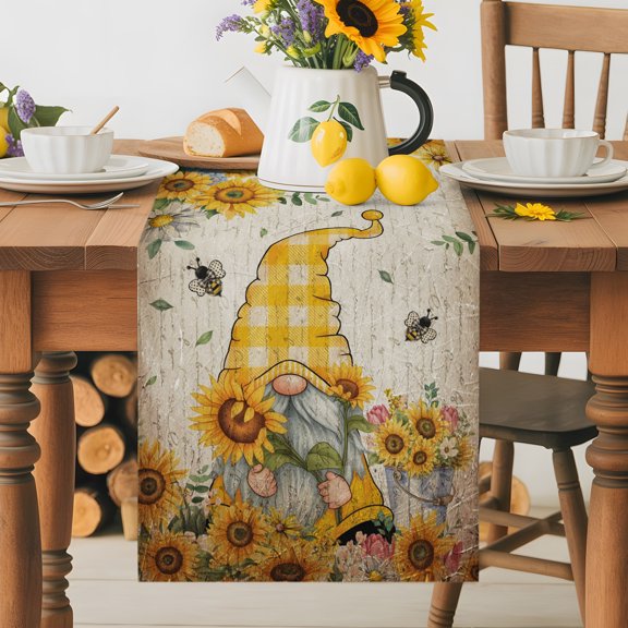 Burlap Table Runner 36 Inches Long, Gnome Farm Sunflower Cute Bee Non-Slip Kitchen Table Runners for Dining Room Everyday Use Party Table Decorations Vintage Letter Background