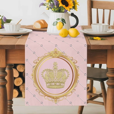 Burlap Table Runner 36 Inches Long, Golden Crown Queen Pink Lattice Non-Slip Kitchen Table Runners for Dining Room Everyday Use Party Table Decorations White Dot