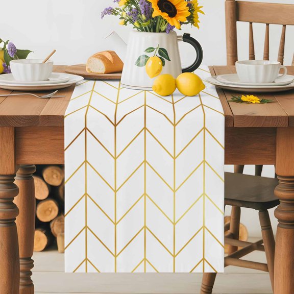 Burlap Table Runner 36 Inches Long, Golden Lines Chevron Non-Slip Kitchen Table Runners for Dining Room Everyday Use Party Table Decorations Abstract Herringbone on White