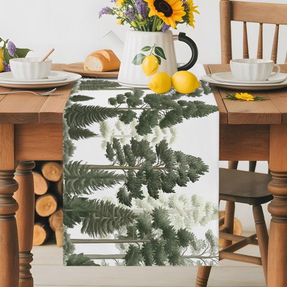 Burlap Table Runner 36 Inches Long, Gradient Green Pine Maple Trees Woods Non-Slip Kitchen Table Runners for Dining Room Everyday Use Party Table Decorations Vintage Plants