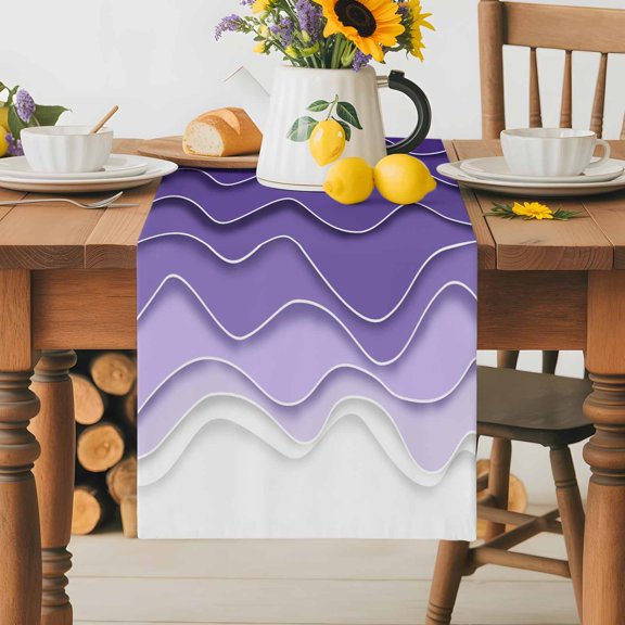Burlap Table Runner 36 Inches Long, Gradient Purple Waves Seamless Non-Slip Kitchen Table Runners for Dining Room Everyday Use Party Table Decorations Abstract Geometric Art
