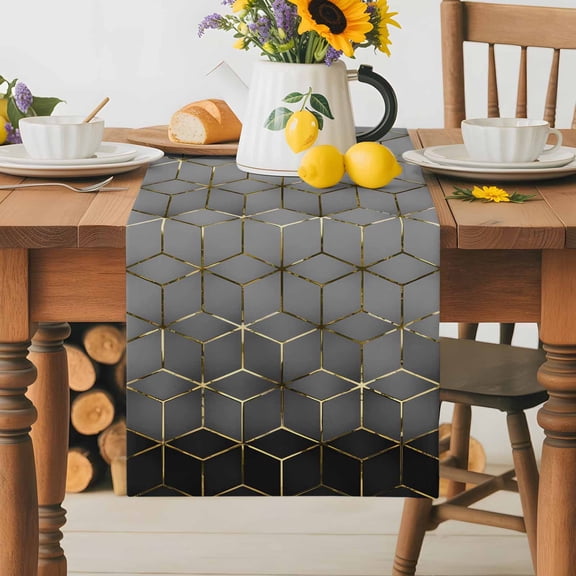 Burlap Table Runner 36 Inches Long, Gray Mottled Gradient Geometric Non-Slip Kitchen Table Runners for Dining Room Everyday Use Party Table Decorations Modern Abstract Stereo Art