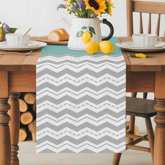 Burlap Table Runner 36 Inches Long, Gray Ripple Zigzag Chevron Non-Slip Kitchen Table Runners for Dining Room Everyday Use Party Table Decorations Teal Watercolor