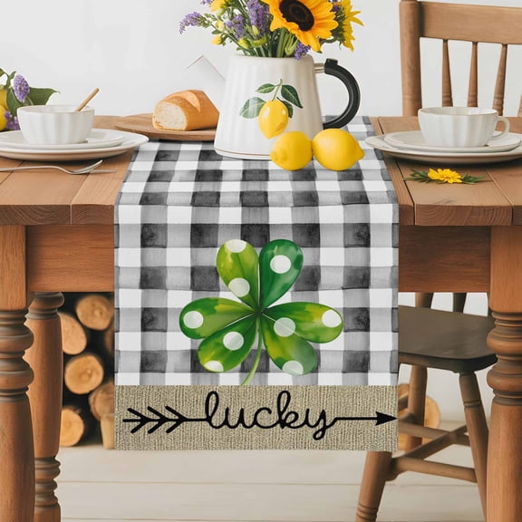 Burlap Table Runner 36 Inches Long, Green Clovers Black Plaid St. Patrick's Day Non-Slip Kitchen Table Runners for Dining Room Everyday Use Party Table Decorations Watercolor Shamrock