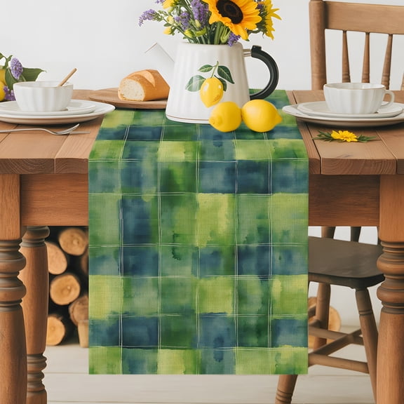 Burlap Table Runner 36 Inches Long, Green Gingham Plaid Spring St. Patrick's Day Non-Slip Kitchen Table Runners for Dining Room Everyday Use Party Table Decorations Abstract Geometric