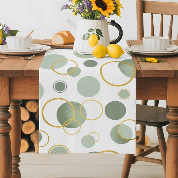 Burlap Table Runner 36 Inches Long, Green Gold Circles Non-Slip Kitchen Table Runners for Dining Room Everyday Use Party Table Decorations Abstract Geometric Art
