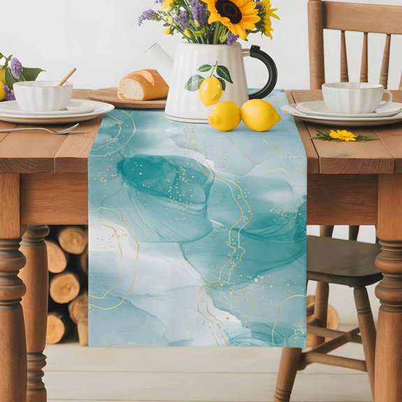 Burlap Table Runner 36 Inches Long,Green Marble Gold Line Watercolor Gradient Non-Slip Kitchen Table Runners for Dining Room Everyday Use Party Table Decorations Modern Abstract Art