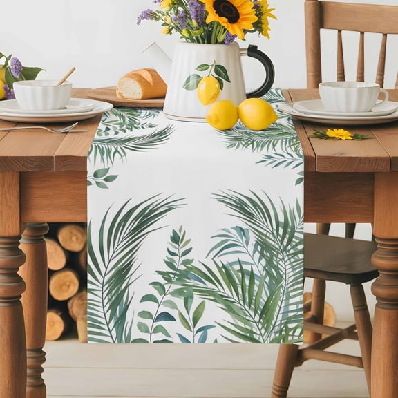 Burlap Table Runner 36 Inches Long,Green Palm Leaves Watercolor Tropical Plants Non-Slip Kitchen Table Runners for Dining Room Everyday Use Party Table Decorations Simple INS Pastoral