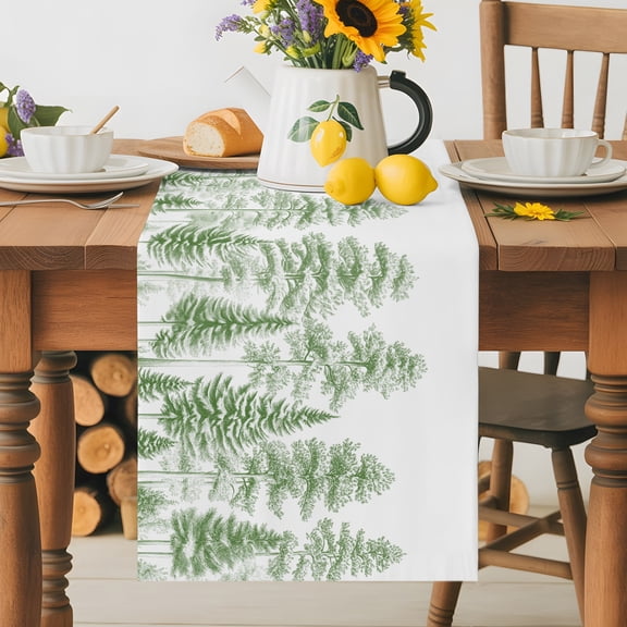 Burlap Table Runner 36 Inches Long, Green Pine Tree Sketch Forest Art Non-Slip Kitchen Table Runners for Dining Room Everyday Use Party Table Decorations Country Trees on White