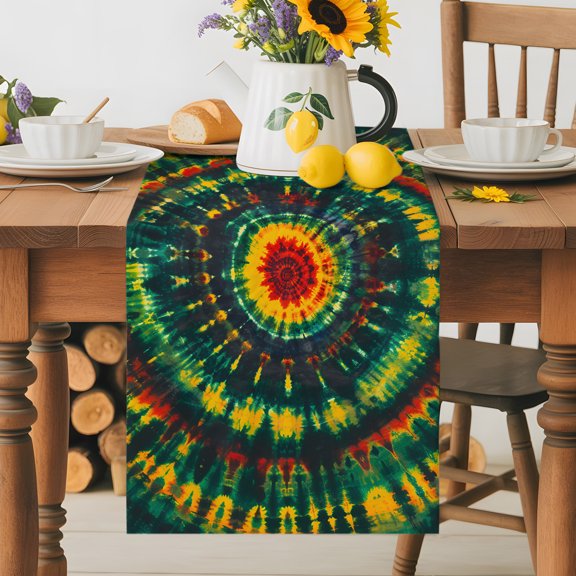 Burlap Table Runner 36 Inches Long, Green Red Yellow Tie-Dye Art Non-Slip Kitchen Table Runners for Dining Room Everyday Use Party Table Decorations Abstract Ethnic Style