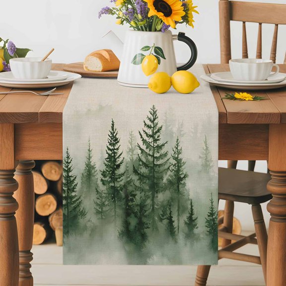 Burlap Table Runner 36 Inches Long, Green Tree Plant Misty Forest Non-Slip Kitchen Table Runners for Dining Room Everyday Use Party Table Decorations Nature Scenery