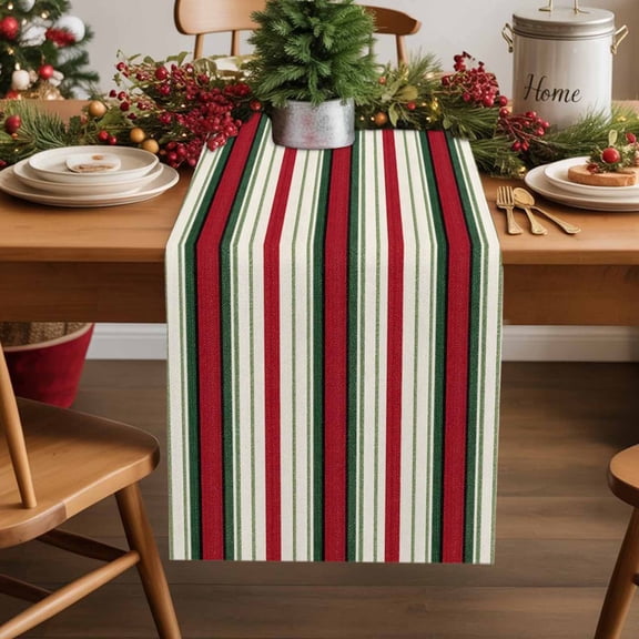 Burlap Table Runner 36 Inches Long,Green White Red Striped Non-Slip Kitchen Table Runners for Dining Room Everyday Use Party Table Decorations Abstract Geometric Art