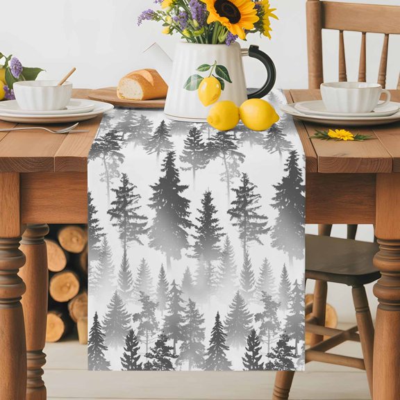 Burlap Table Runner 36 Inches Long, Grey Forest on White Non-Slip Kitchen Table Runners for Dining Room Everyday Use Party Table Decorations Black White Tree Silhouettes