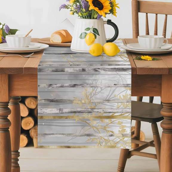 Burlap Table Runner 36 Inches Long,Grey Golden Forest Tree Branches Non-Slip Kitchen Table Runners for Dining Room Everyday Use Party Table Decorations Abstract Oil Painting Style