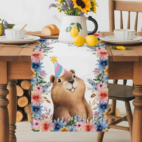 Burlap Table Runner 36 Inches Long, Ground Rat Flower Bushes Leaves Non-Slip Kitchen Table Runners for Dining Room Everyday Use Party Table Decorations Happy Groundhog Day