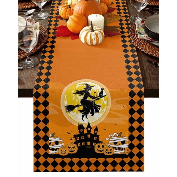 Burlap Table Runner 36 Inches Long,Halloween Moon Witch Broom Haunted Castle Non-Slip Kitchen Table Runners for Dining Room Everyday Use Party Table Decorations Horror Pumpkin Orange Plaid