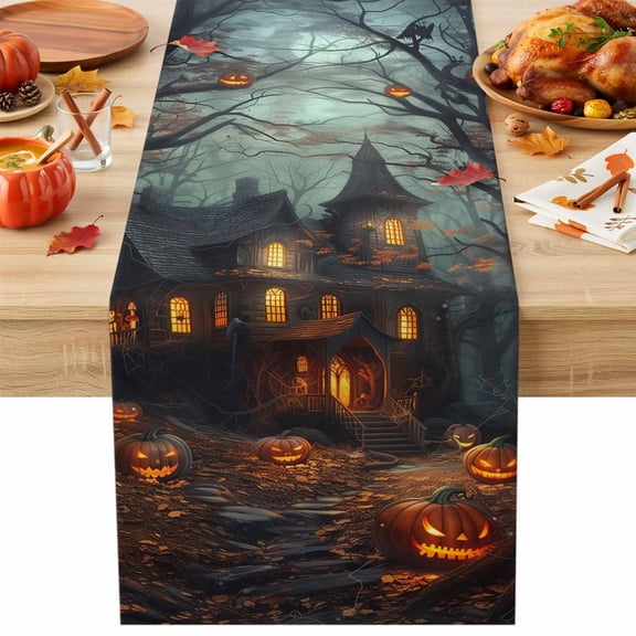 Burlap Table Runner 36 Inches Long, Halloween Scary Haunted Castle Horror Pumpkin Non-Slip Kitchen Table Runners for Dining Room Everyday Use Party Table Decorations Spooky Night Forest