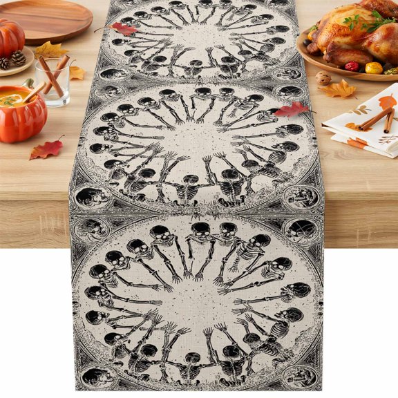 Burlap Table Runner 36 Inches Long, Halloween Seamless Skull Skeleton Non-Slip Kitchen Table Runners for Dining Room Everyday Use Party Table Decorations Scary Human Bone on Burlap
