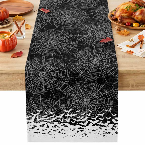 Burlap Table Runner 36 Inches Long, Halloween Spiderwebs Bat Silhouette Non-Slip Kitchen Table Runners for Dining Room Everyday Use Party Table Decorations Spooky Night Black White