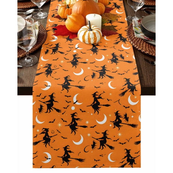 Burlap Table Runner 36 Inches Long,Halloween Witch Moon on Orange Non-Slip Kitchen Table Runners for Dining Room Everyday Use Party Table Decorations Scary Bats Seamless