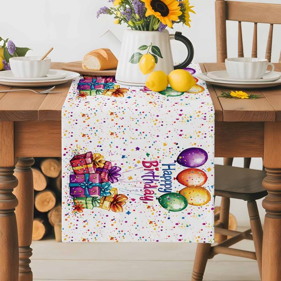 Burlap Table Runner 36 Inches Long,Happy Birthday Celebration Party Non-Slip Kitchen Table Runners for Dining Room Everyday Use Party Table Decorations Colorful Present Balloon